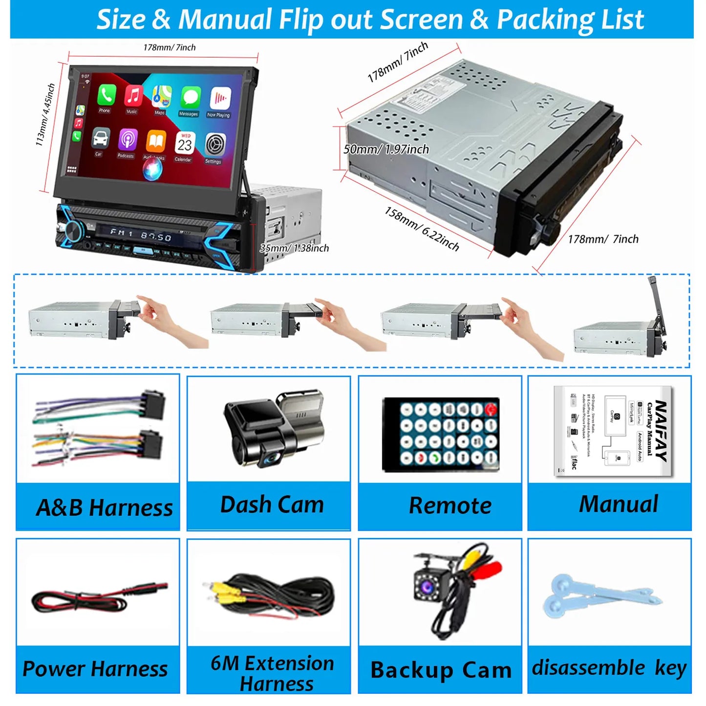 7 Inch Flip Out Car Stereo 1 Din HD Touchscreen Car Video Player Support CarPlay Android Auto with Dash Cam & Backup Camera BT