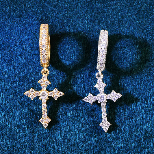 Ice Out Cross Dangle Earrings For Men Women Gold Color Bling Zircon Accessories Fashion Hip Hop Rock Jewelry