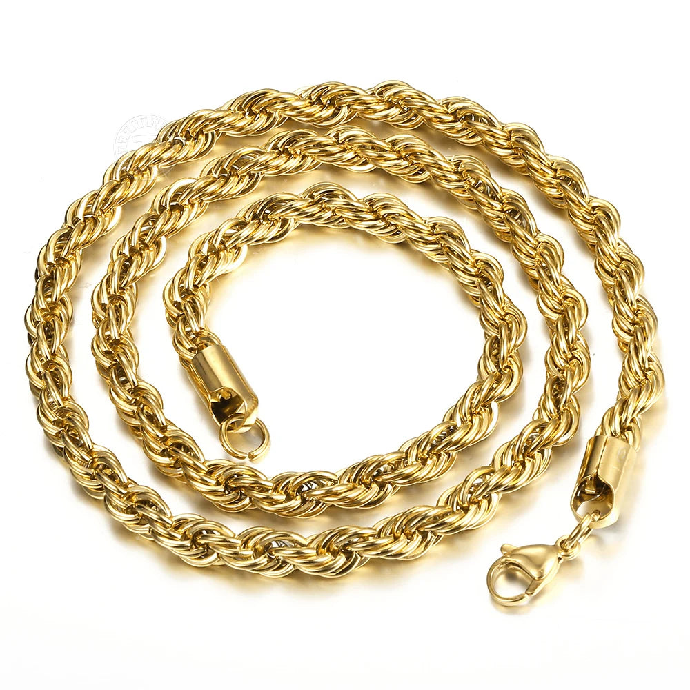 New Fashion Twisted Rope Link Chain Gold Color Stainless Steel Necklace for Men Unisex Chain Jewelry Gifts 22inch 3-7mm KNM178A - TrendForce25