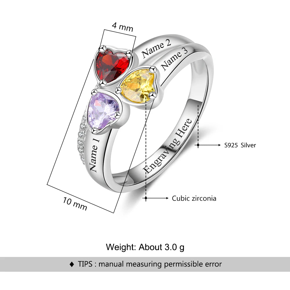 Personalized 925 Sterling Silver Heart Birthstone Ring Customized Engrave 3 Name Ring Anniversary Mothers Jewelry Gift for Mom - TrendForce25