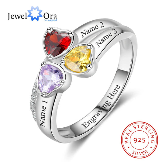 Personalized 925 Sterling Silver Heart Birthstone Ring Customized Engrave 3 Name Ring Anniversary Mothers Jewelry Gift for Mom - TrendForce25