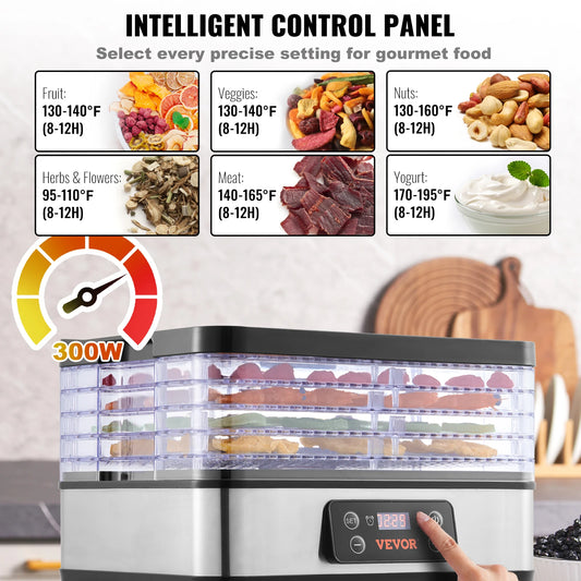 VEVOR 5 Tray Food Dehydrator Machine 300W Stainless Steel Electric Food Dryer w/ Digital Adjustable Timer & Temperature - TrendForce25