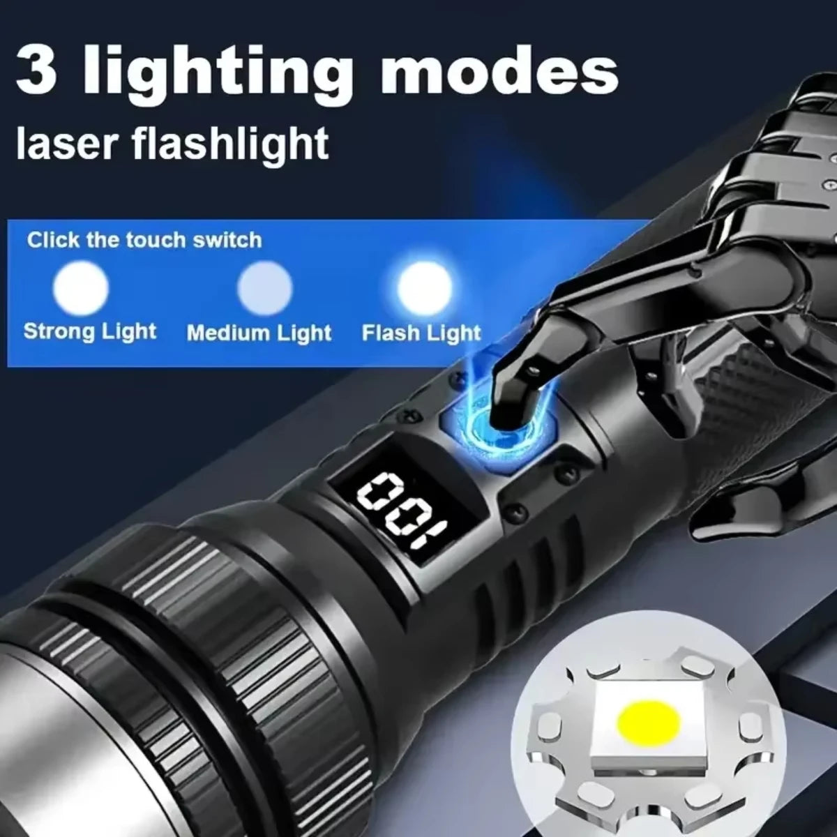 Powerful LED Flashlight With Zoom And Digital Display - Rechargeable Type-C Convenient Flashlight For Camping And Hiking