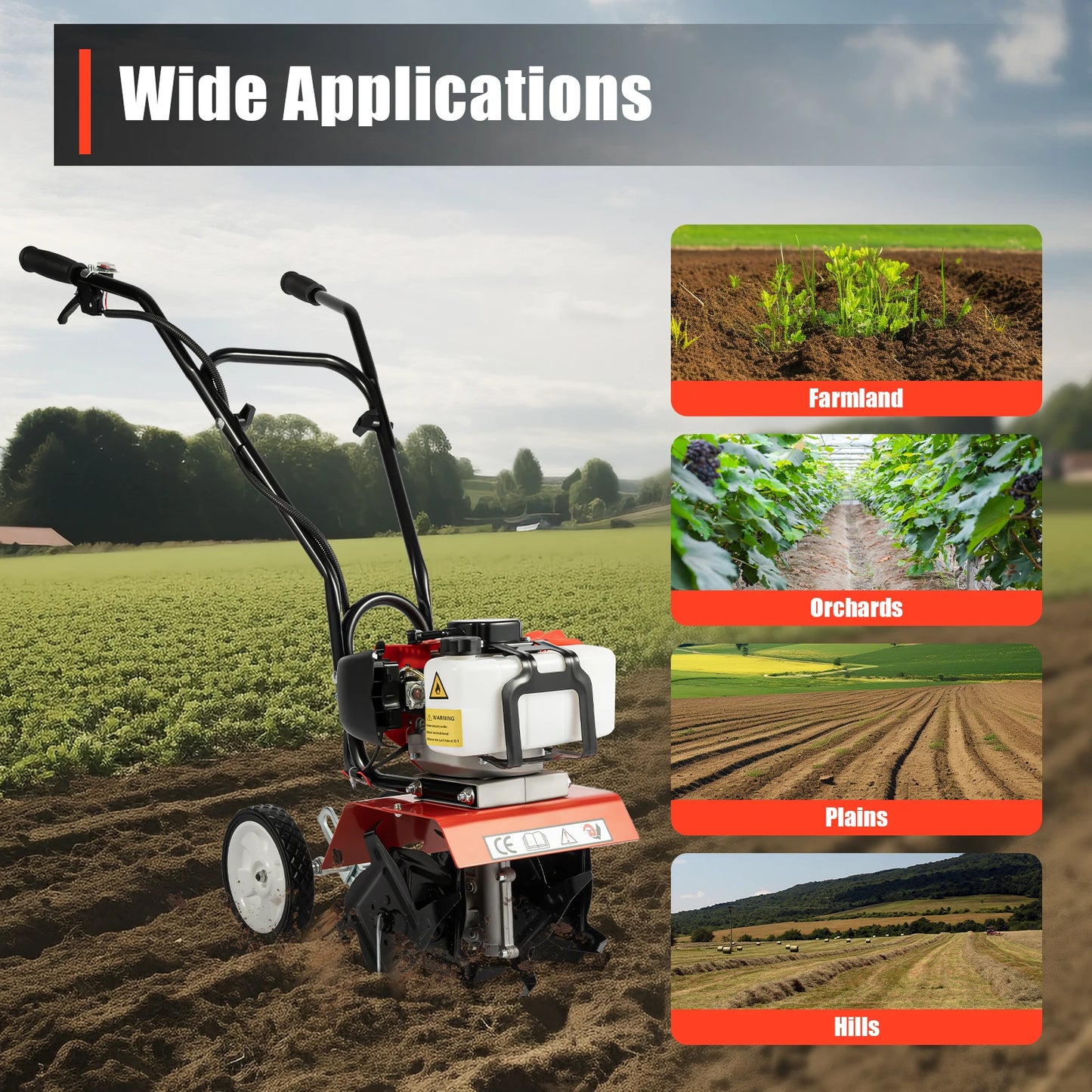52CC Gasoline Tiller Cultivator 2 Stroke Mini Cultivator Rotovator for Farm Garden Yard, Single-Cylinder Air Cooled 7000r/min