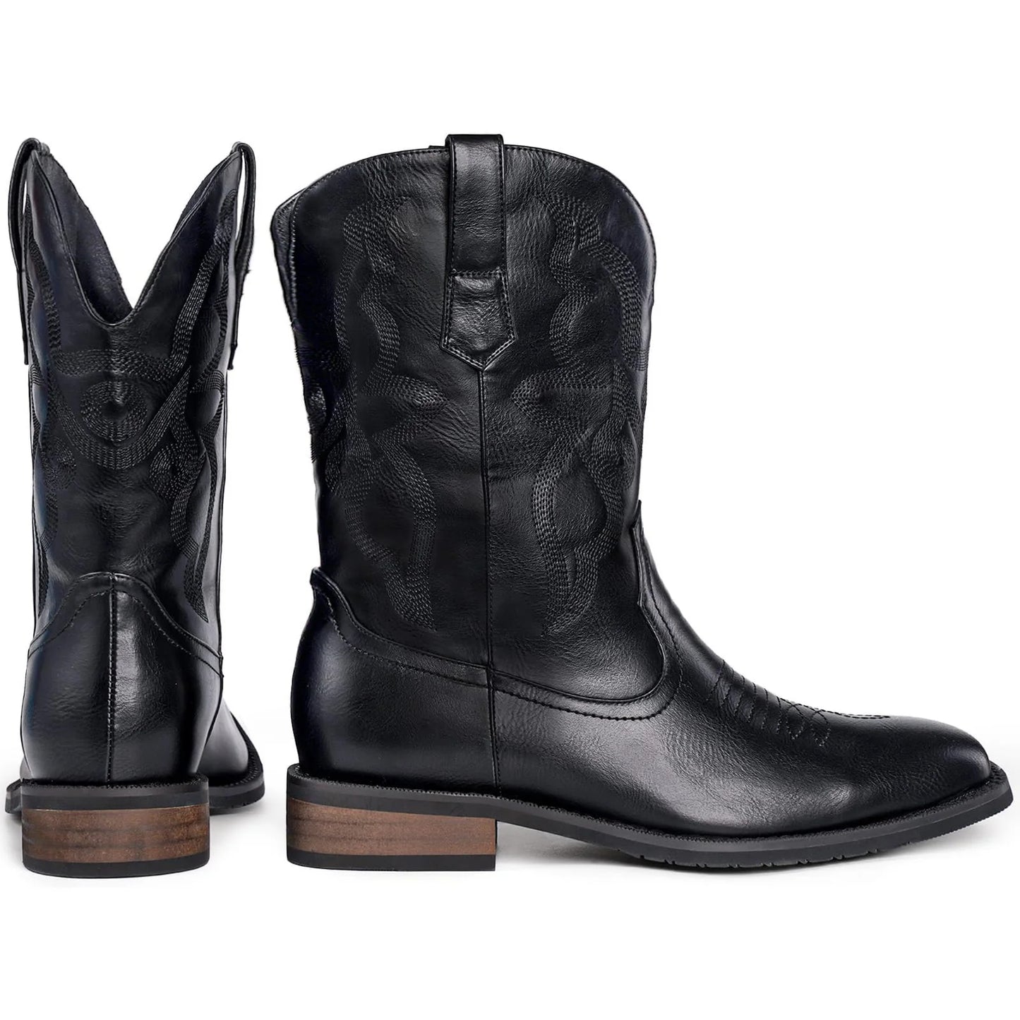 Men's Authentic Western Boots: Black Square Toe with Old West Embroidery – Simple Pull-On Convenience - TrendForce25