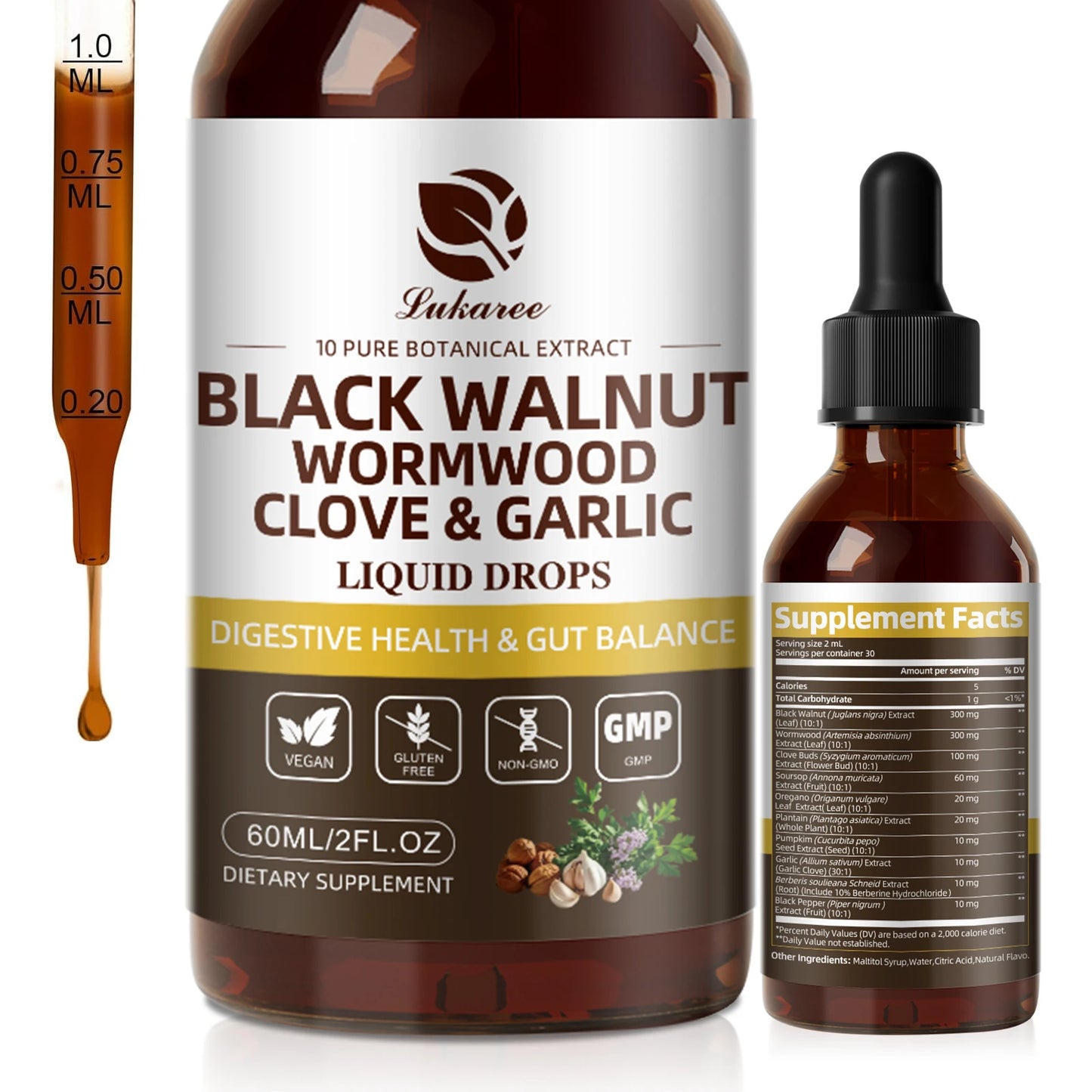 Lukaree 60ML Black Walnut Drop with Wormwood Clove & Garlic Support Digestion and Immune Health, Detoxify the Body Antioxidant - TrendForce25