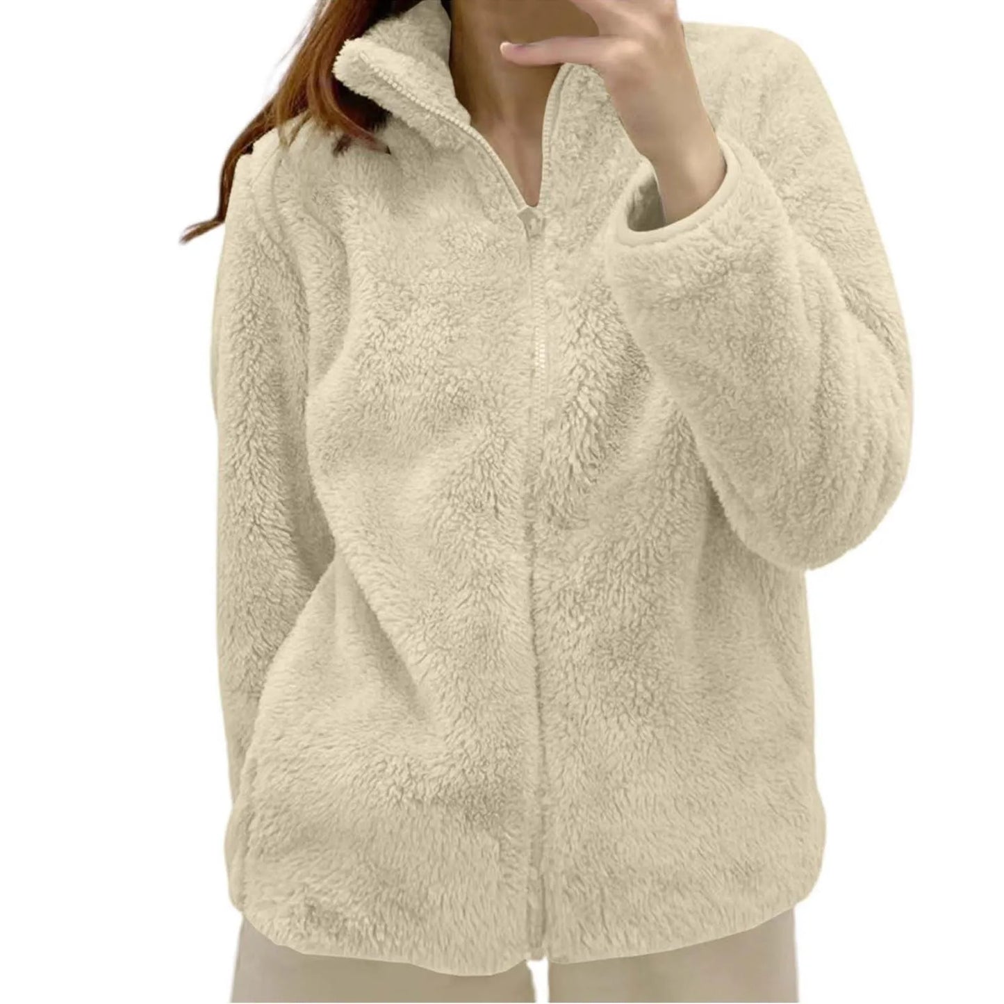 Women Casual Zip Up Fleece Jacket Solid Color Long Plush Polar Warm Zipper Outwears Female Gils Lamb Wool Jackets With Pockets