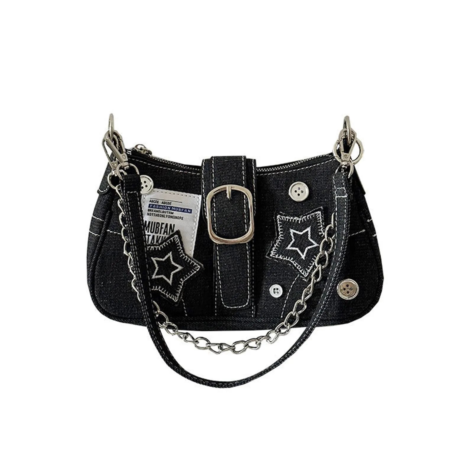Y2k Fashion Women'S Handbags Stars Pattern Cool Girls Underarm Bag Fashion Canvas Female Small Shoulder Bags Chain Tote Purses - TrendForce25