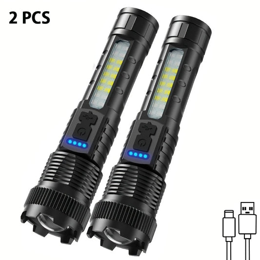 2pcs Rechargeable Zoomable Super Bright Flashlight for Emergency Power Outage, for Outdoor Camping, Hurricane - TrendForce25