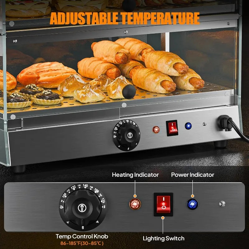 Commercial Food Warmer Display Pizza Warmer, 2-Tier Electric Countertop Food Warmer with LED Acrylic Door Removable Shelv