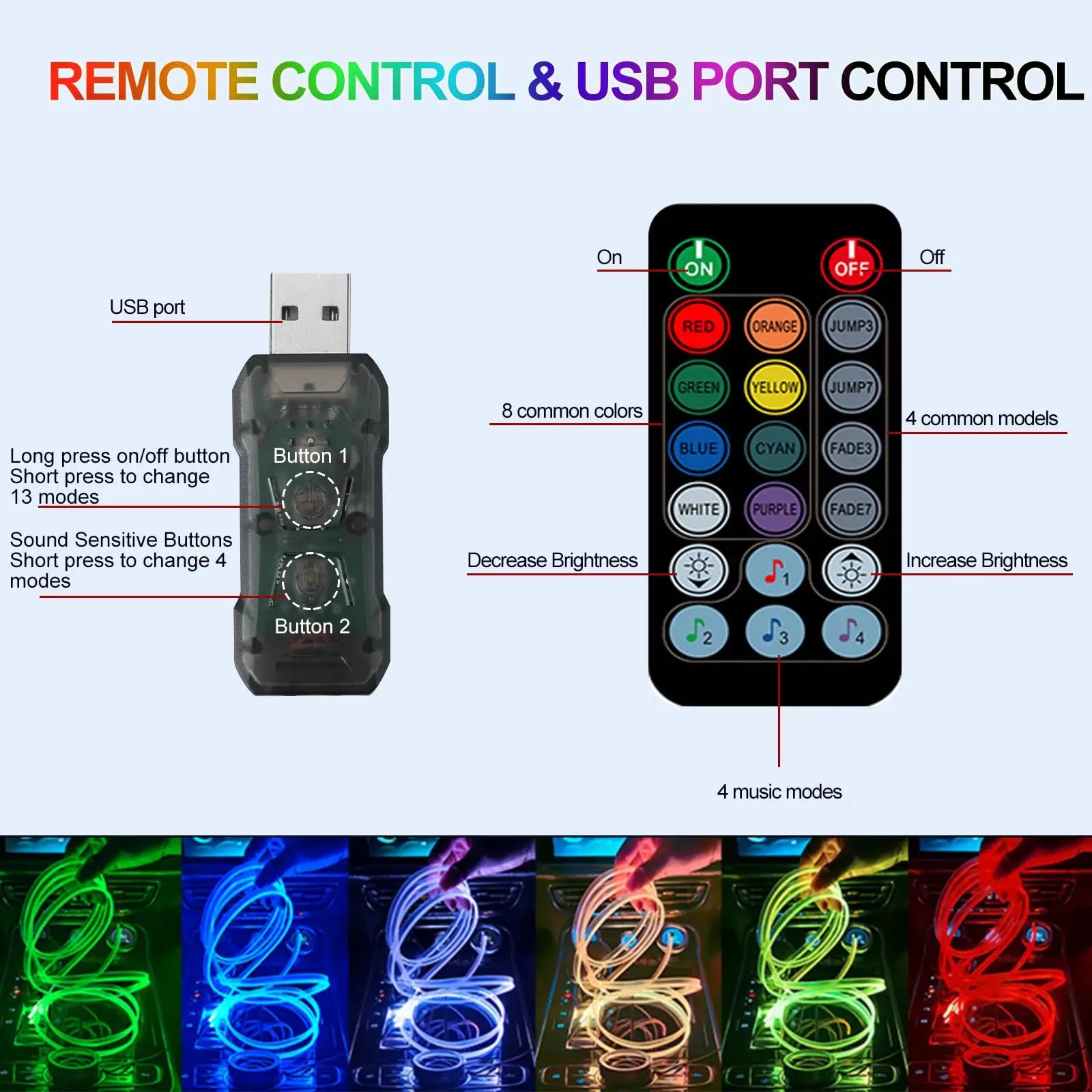 5 in 1 Remote Control Ambient Lighting Kits Car LED Lights Interior with USB Music Sync RGB Inside Car Strips Neon Light - TrendForce25
