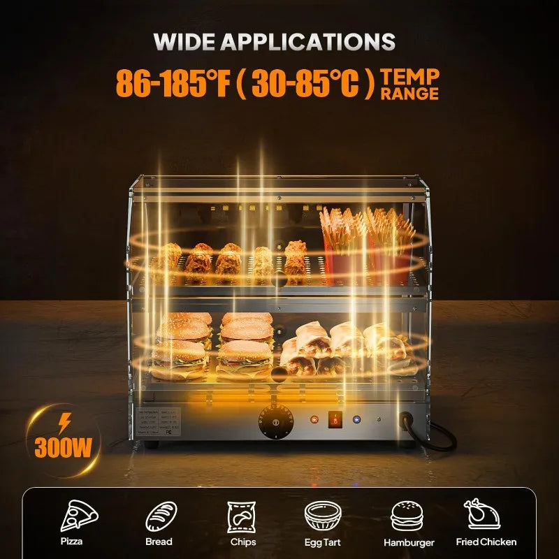 Commercial Food Warmer Display Pizza Warmer, 2-Tier Electric Countertop Food Warmer with LED Acrylic Door Removable Shelv