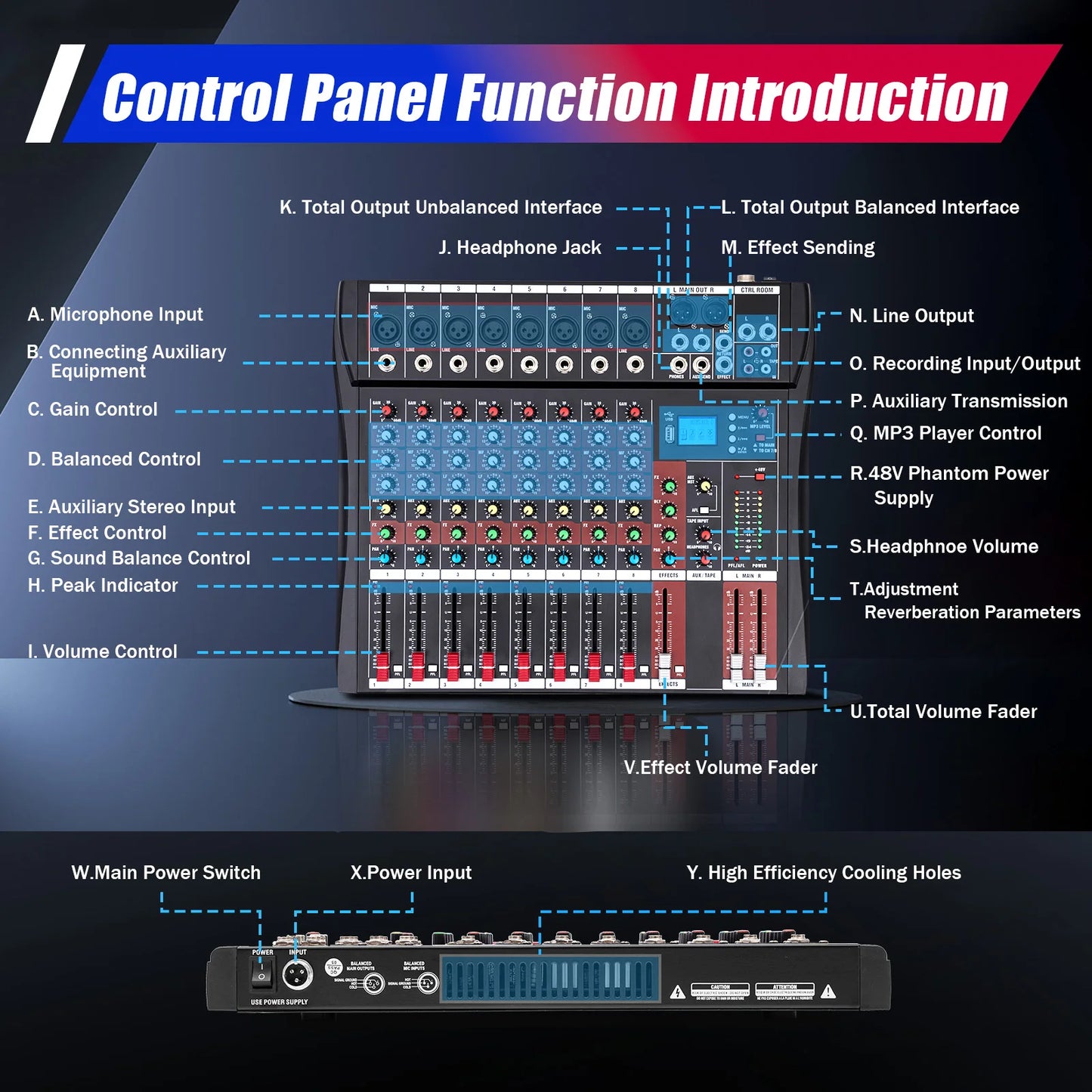 7/8-Channel Professioneller Mixer, Soundboard Konsole with Bluetooth USB PC Recording Input XLR Microphone Jack