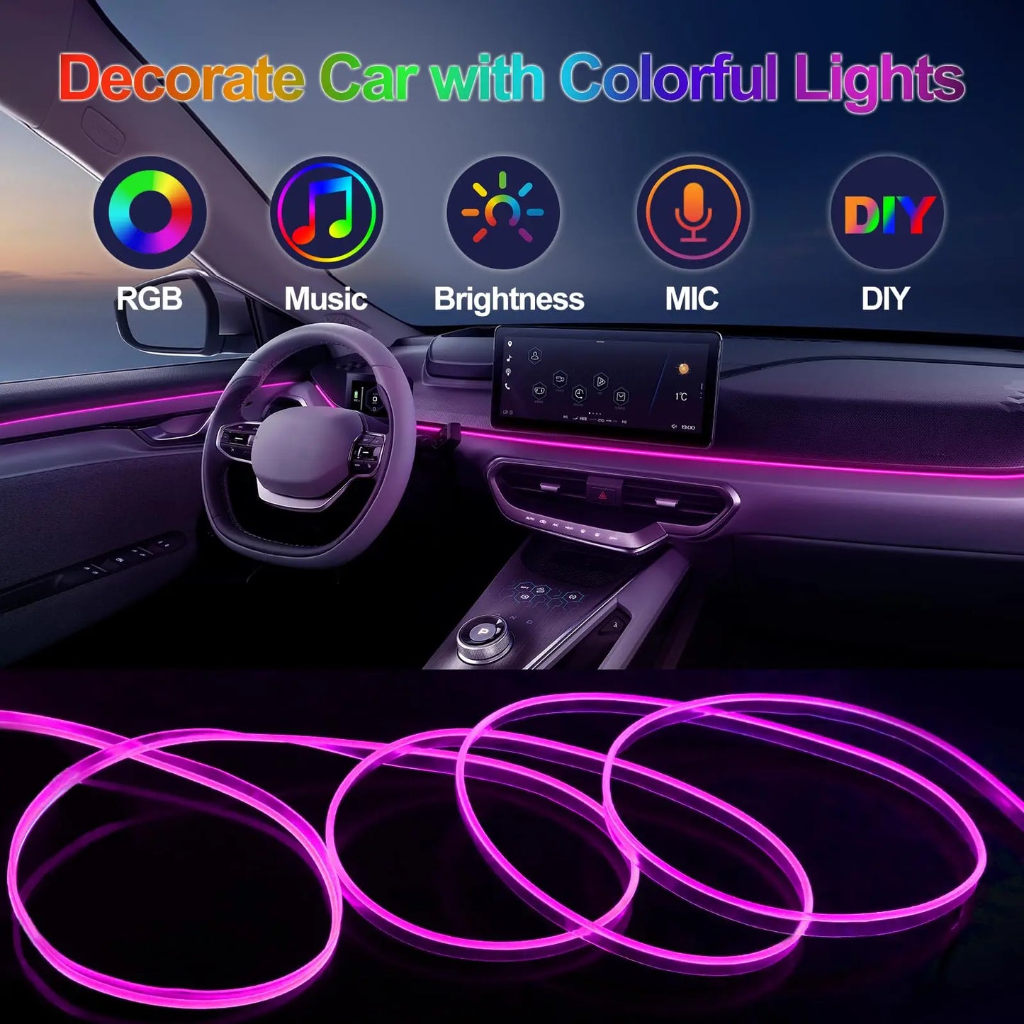 5 in 1 Remote Control Ambient Lighting Kits Car LED Lights Interior with USB Music Sync RGB Inside Car Strips Neon Light - TrendForce25