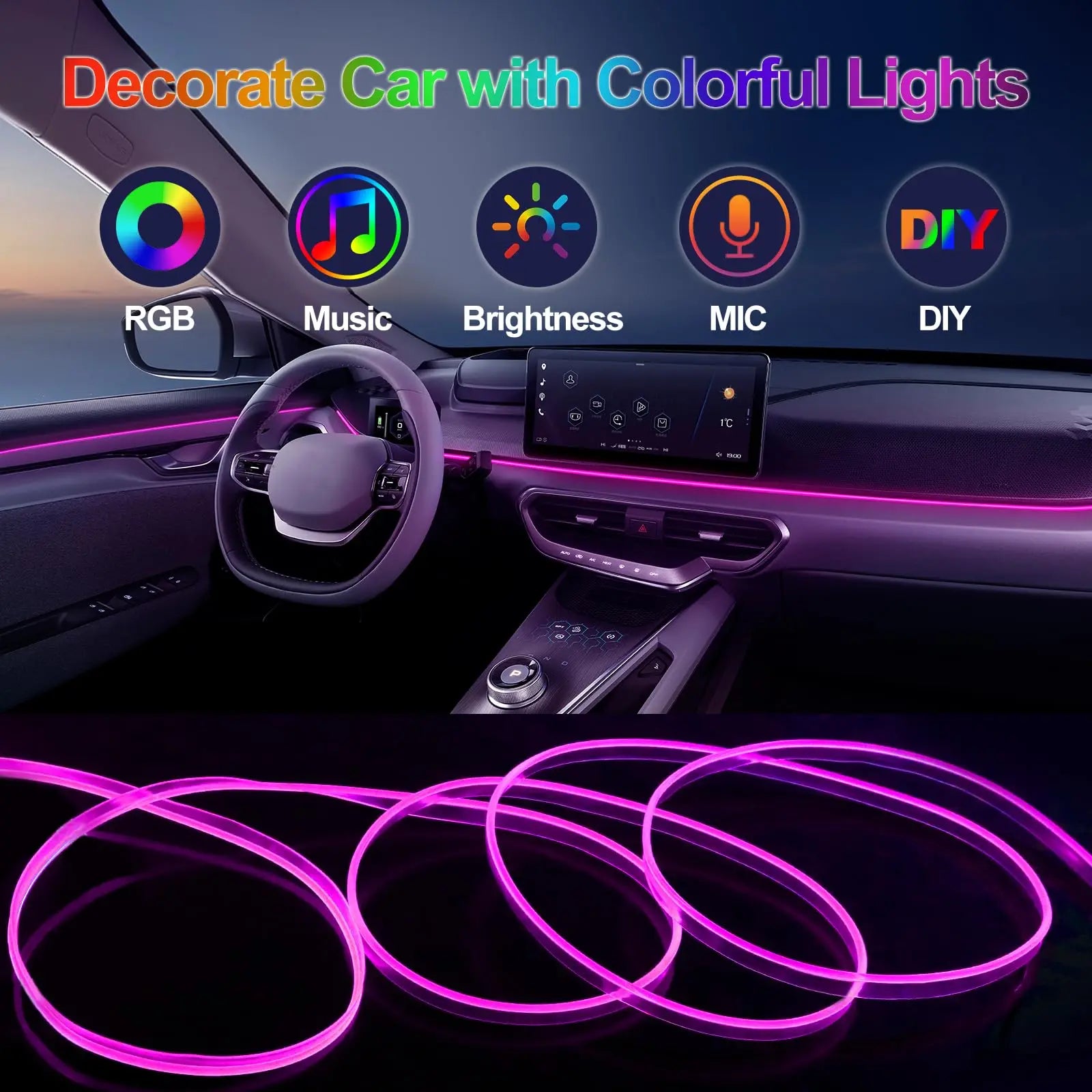 5 in 1 Remote Control Ambient Lighting Kits Car LED Lights Interior with USB Music Sync RGB Inside Car Strips Neon Light - TrendForce25