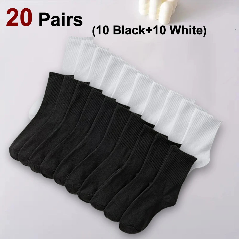 10/20 Pairs Women Solid Color Crew Socks Classic Versatile Comfortable Breathable Sweat Absorbing Running Sports Leisure Socks