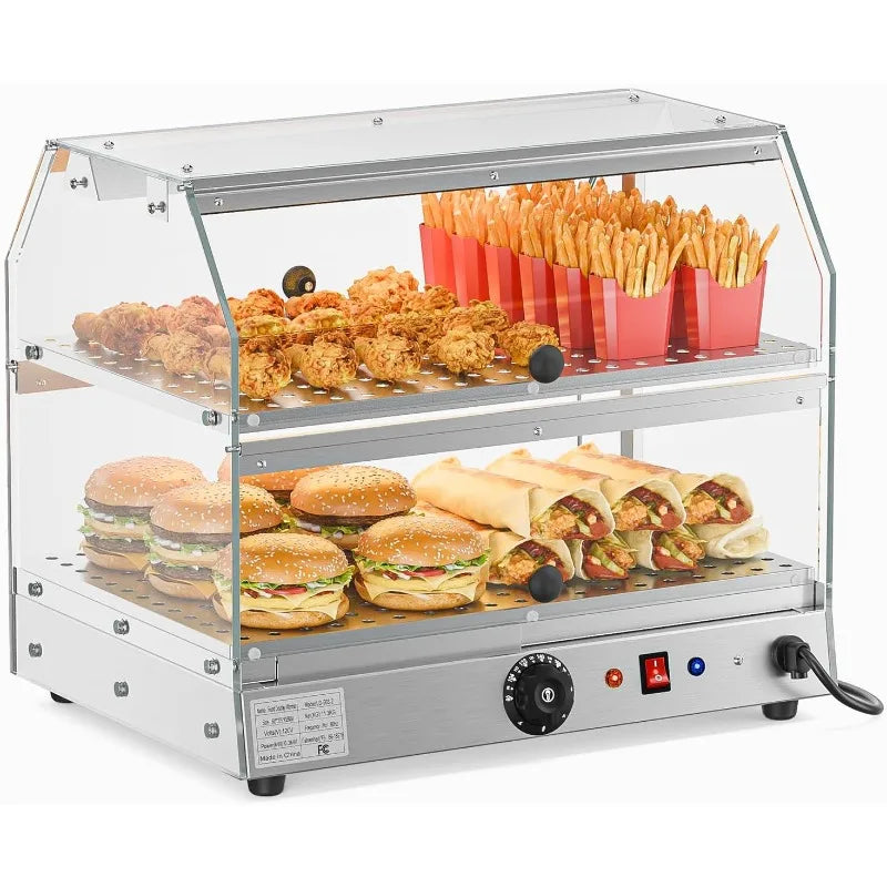 Commercial Food Warmer Display Pizza Warmer, 2-Tier Electric Countertop Food Warmer with LED Acrylic Door Removable Shelv