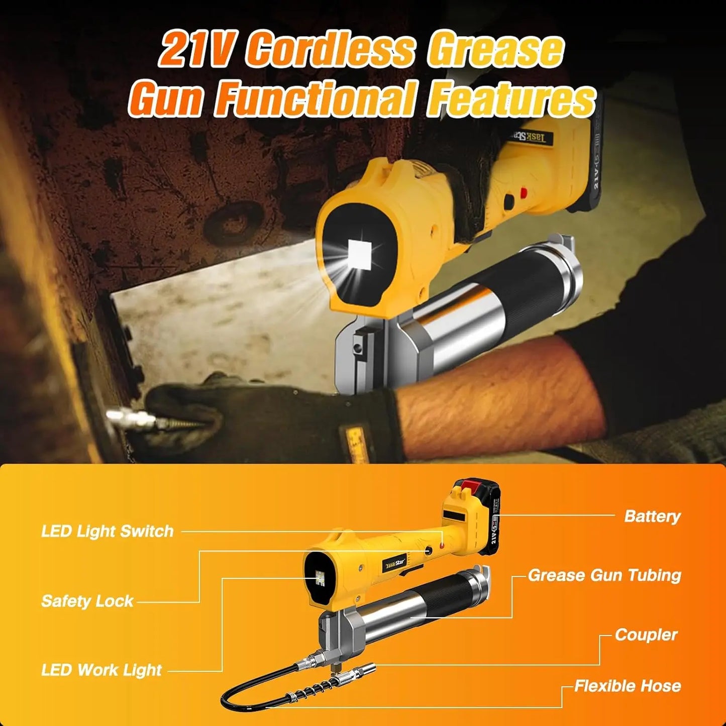 Taskstar Electric Grease Gun Kit with 39.4" Flexible Hose 10000 PSI Cordless Grease Gun with Super Bright LED Light Power Tools