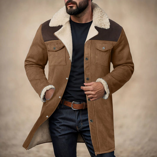 2024 Fashion Men Jacket Suede Color Blocked Multi Pocket Zipper Coat Plush Lapel Long Sleeve Vintage Suede Medium Long Jacket