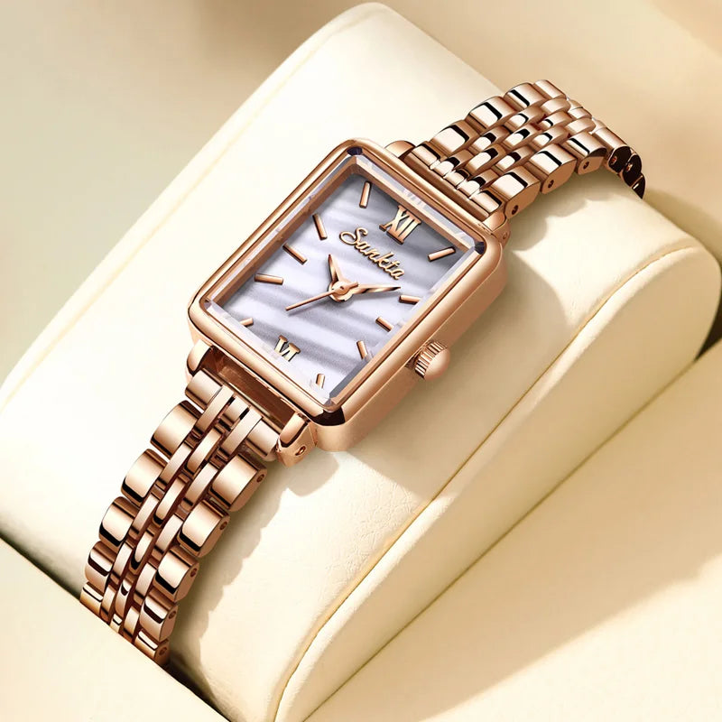 SUNKTA Luxury Hight Quality Quartz Watch Fashion Charming Rhinestones Stainless Steel Band Women's Wristwatches+BOX