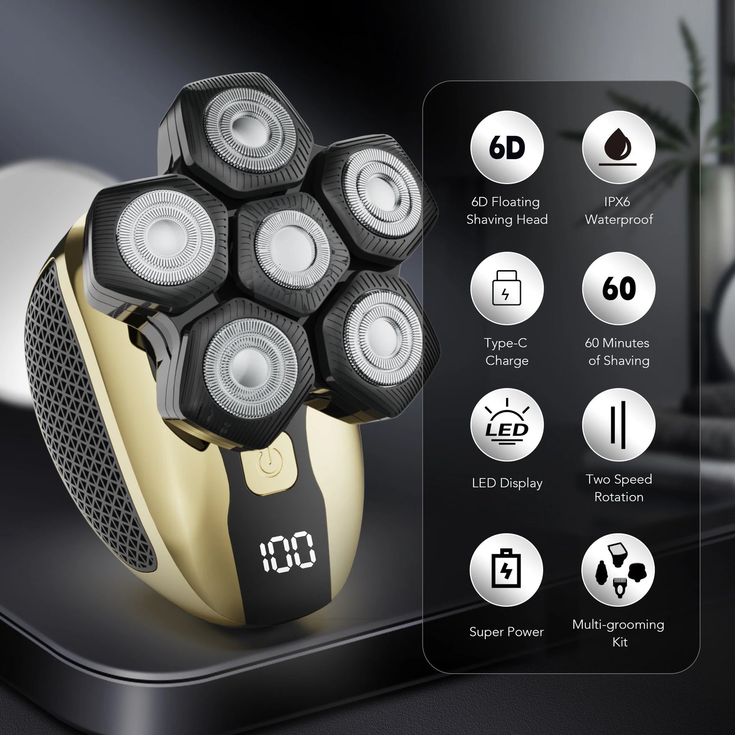 Sejoy 6D Floating Head Shavers for Men Bald Wet Dry Beard Hair Trimmer Multifunctional Rechargeable Bald Head Shaving Machine