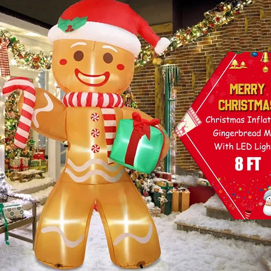 8FT/2.4M Christmas Inflatables Gingerbread Man with LED Lights Xmas Yard Decorations Christmas Blow Up Yard Decorations for Yard