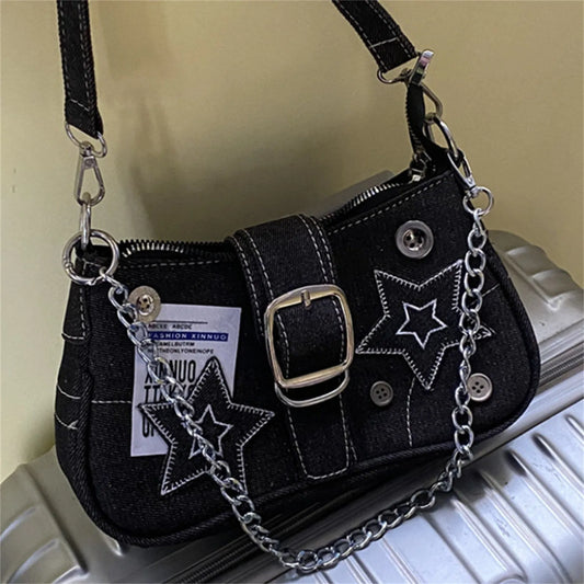 Y2k Fashion Women'S Handbags Stars Pattern Cool Girls Underarm Bag Fashion Canvas Female Small Shoulder Bags Chain Tote Purses - TrendForce25