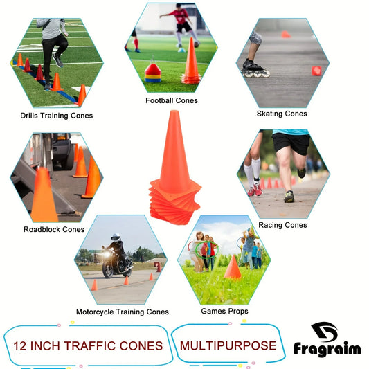 Durable Orange & Green 12Pcs 12 Inch Plastic Traffic Training Cones for Soccer Basketball Football Drills, Safety Parking Cones