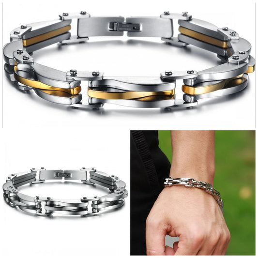 BONISKISS Men Boys Stainless Steel Two Tone Rhombus Cool Link Bangle Bracelet Cuff Gold/Silver Color Wristband Jewelry Xmas Gift - TrendForce25