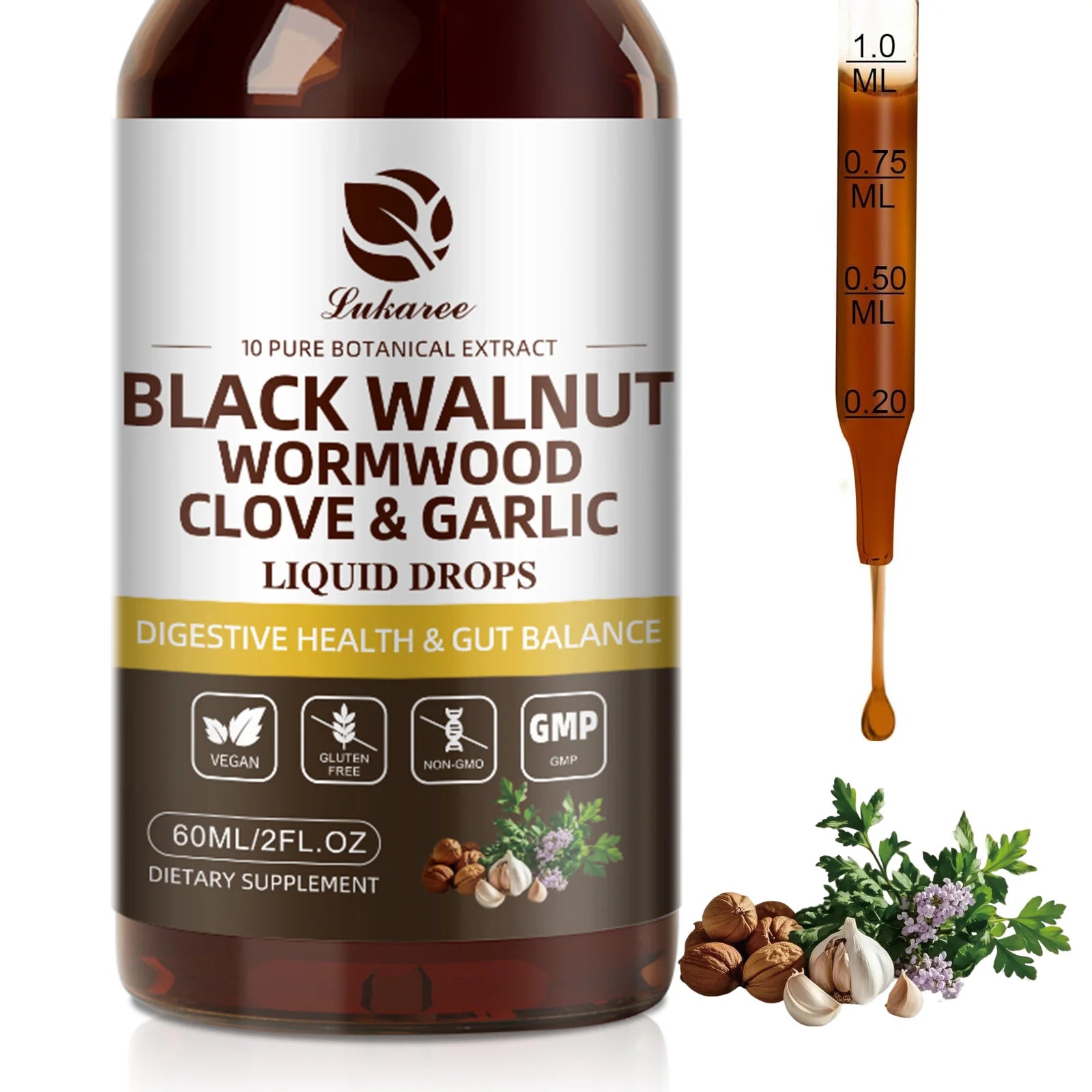 Lukaree 60ML Black Walnut Drop with Wormwood Clove & Garlic Support Digestion and Immune Health, Detoxify the Body Antioxidant - TrendForce25