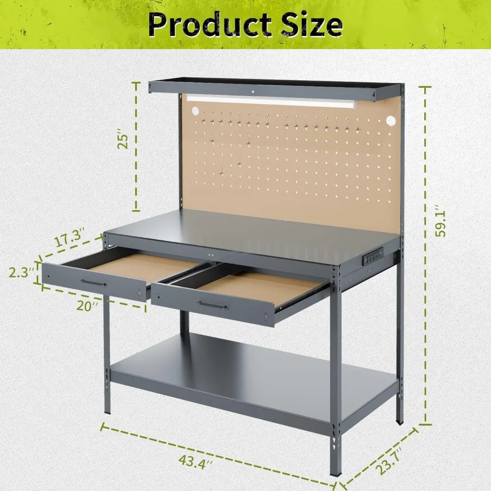 Work Bench, Workbench with Power Outlets and Light, A3 Steel Workbench with Drawers, Pegboard,