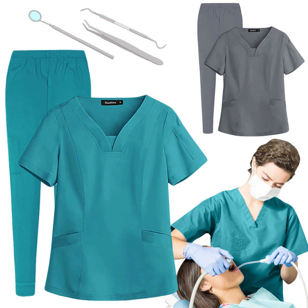 Unisex Medical Nurse Beauty Salon Workwear V-Neck Doctor Nurse Scrubs Set Hospital Surgical Work Clothes for Women Men
