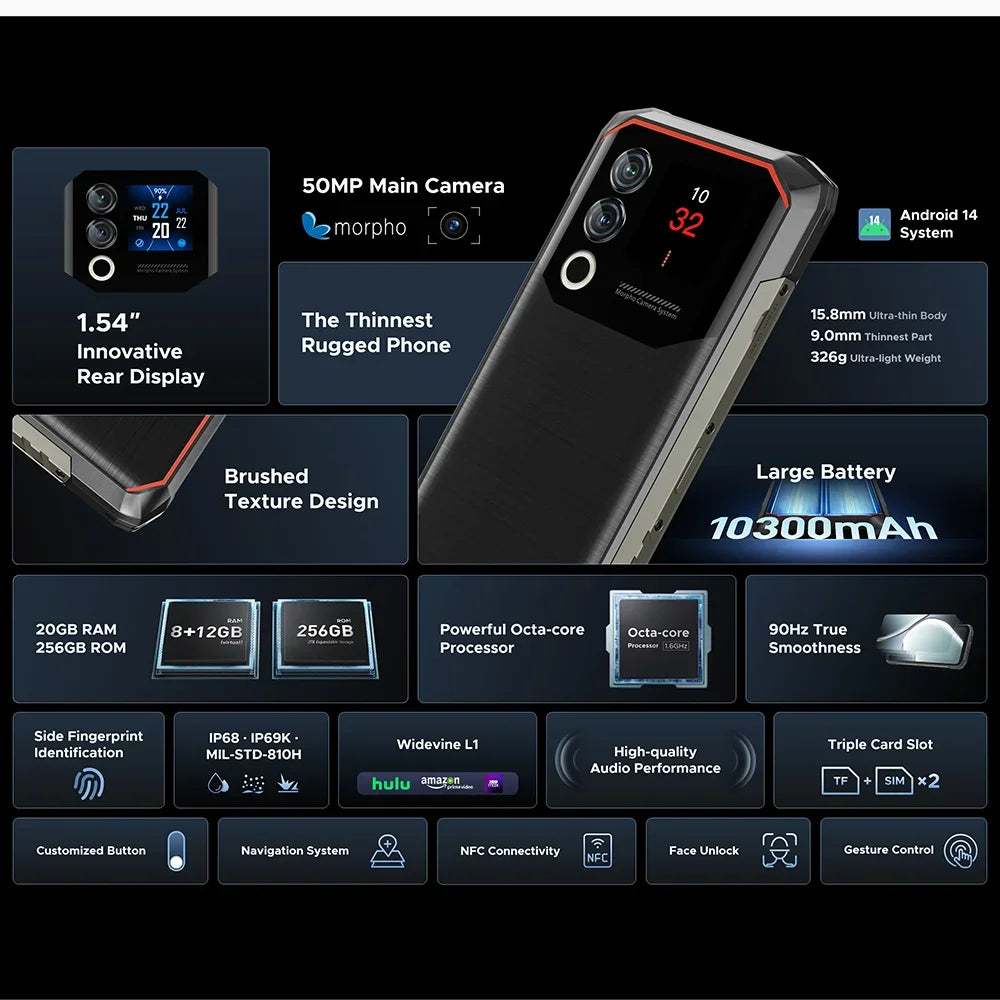 DOOGEE Blade10 Max Rugged Phone 6.56" 90Hz IPS Display 8GB 256GB 1.54" Rear Display 50MP AI Main Camera 10300mAh 18W Charge