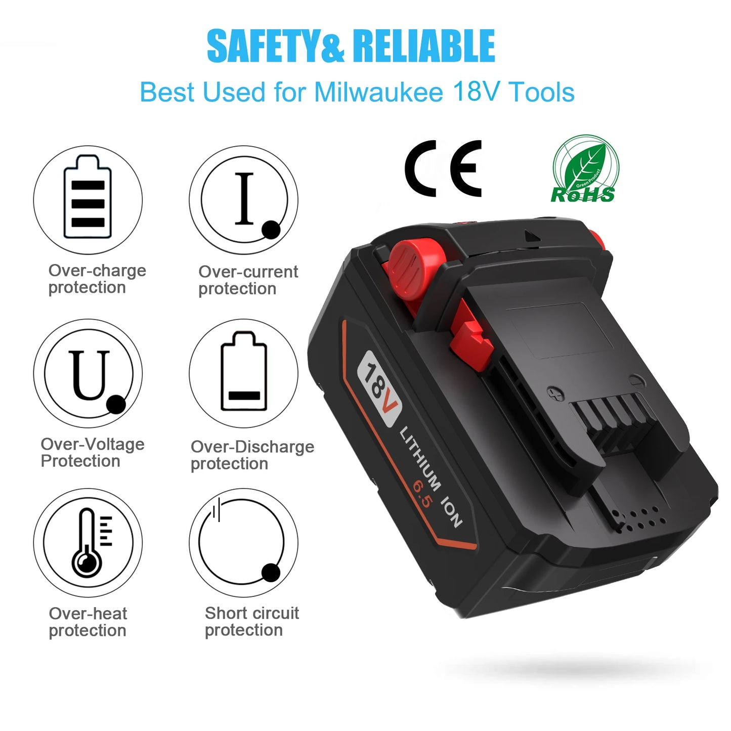 REACELL 18V 6.5/5.5Ah For Milwaukee M18 Battery Rechargeable Milwaukee Lithium Battery 48-11-1860 48-11-1850 48-11-1840