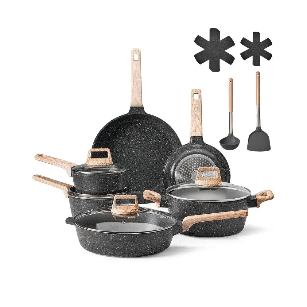17 Piece Granite Nonstick Pots and Pans Cookware Set for Induction Black Kitchen Essentials