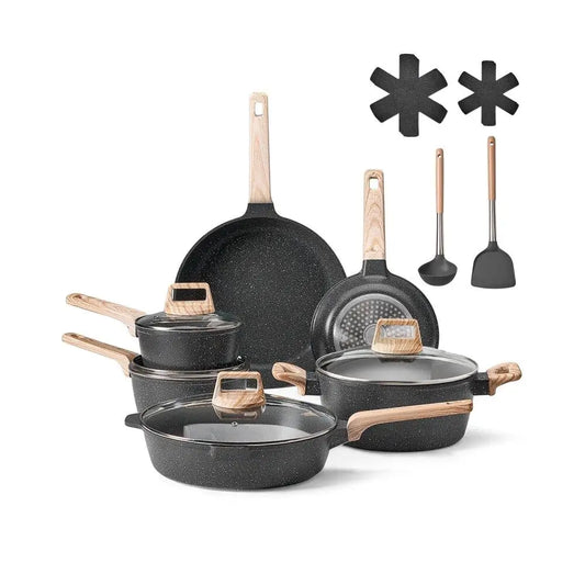 17 Piece Granite Nonstick Pots and Pans Cookware Set for Induction Black Kitchen Essentials
