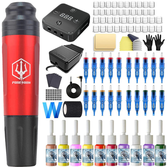 Tattoo Kit POSEIDON High Power Tattoo Pen Kit For Permanent Makeup Tattoo Machine Kit Hot Red Tattoo Power Supply Tattoo Gun Kit - TrendForce25