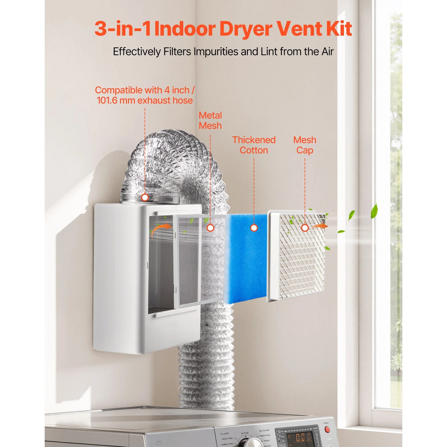 SucceBuy 3-in-1 Indoor Dryer Vent Kit Premium ABS Fits 4 in Exhaust Port Smart Overheating Reminder Hood with 4 Replacement Pads