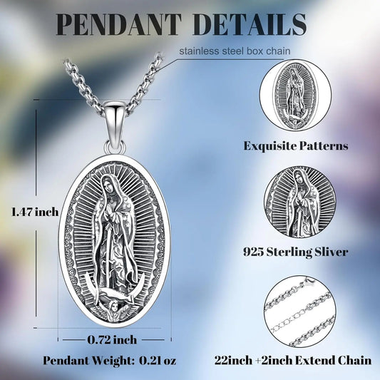 Virgin Mary Necklace 925 Sterling Silver Virgin Mary Pendant Saint  Necklace Protection  Amulet Jewelry for Men Women Christmas