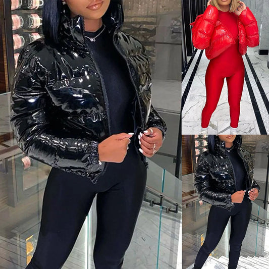 Shiny Leather Jacket Women Down Coat Autumn Winter Keep Warm Stand Collar Streetwear Y2k Bomber Jackets Red Black Wadded Jacket