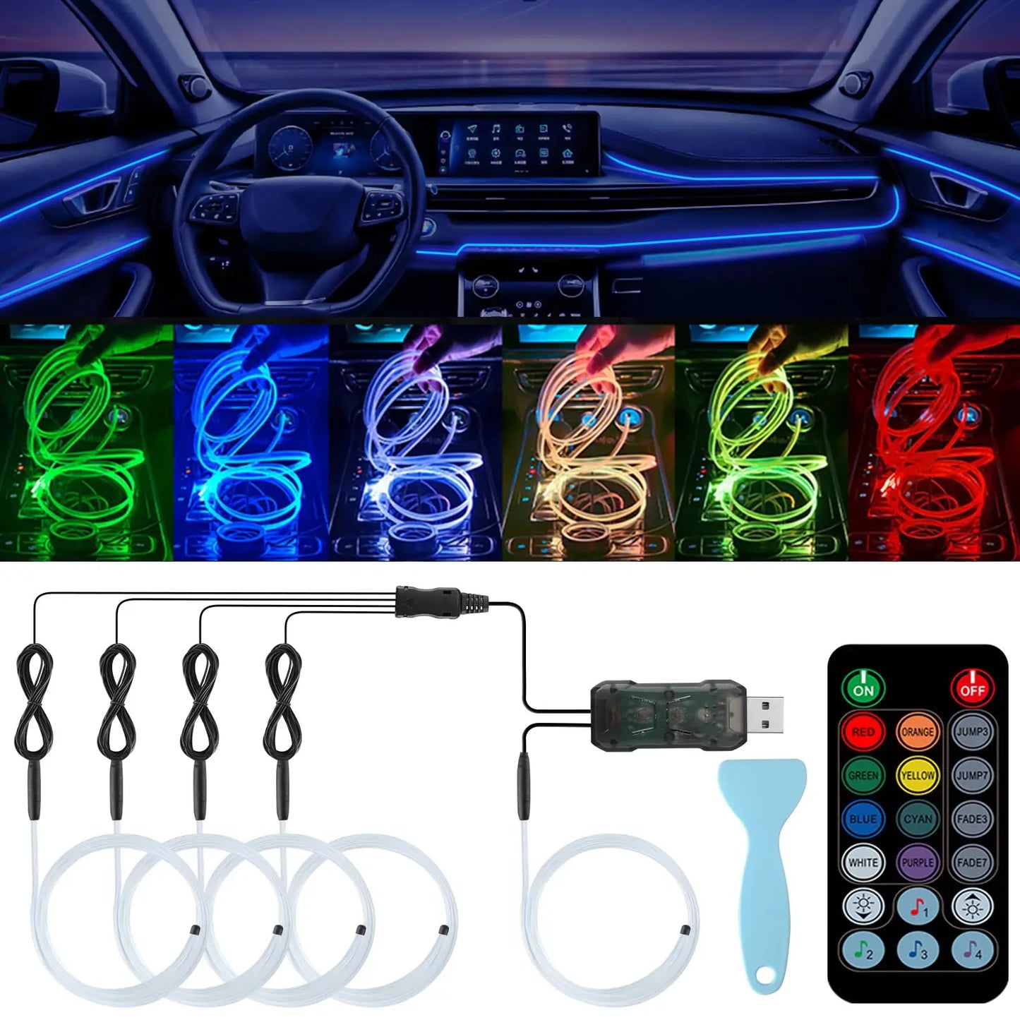 5 in 1 Remote Control Ambient Lighting Kits Car LED Lights Interior with USB Music Sync RGB Inside Car Strips Neon Light - TrendForce25