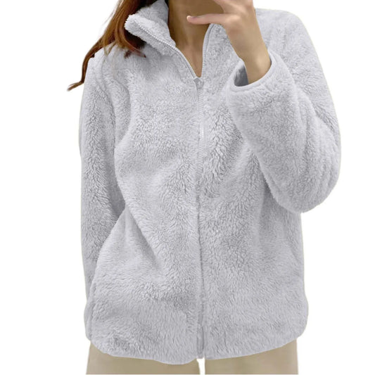 Women Casual Zip Up Fleece Jacket Solid Color Long Plush Polar Warm Zipper Outwears Female Gils Lamb Wool Jackets With Pockets