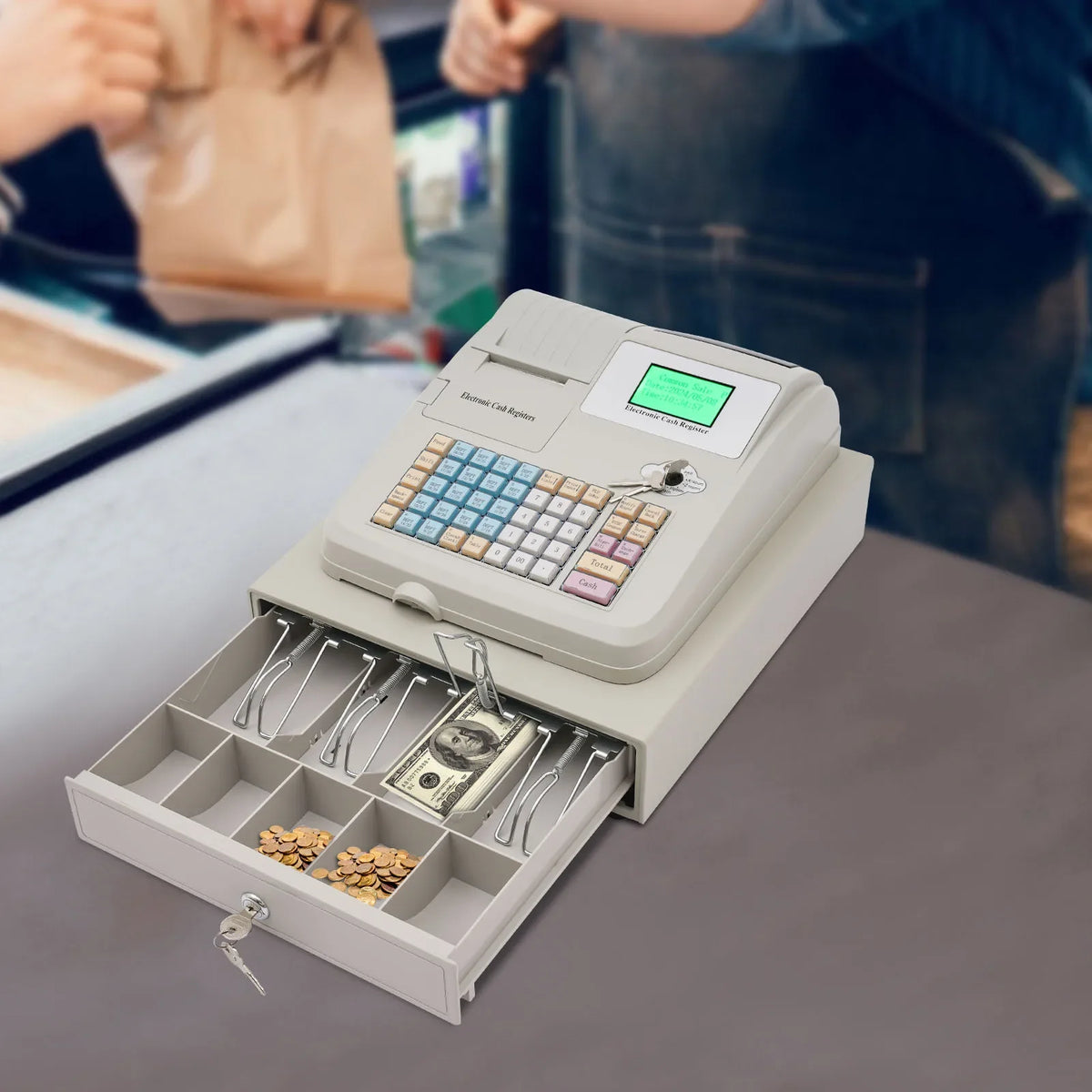 Digital Cash Computer 48-Keys Electronic Cash Register with Drawer Box Intelligent Cash Regi ...