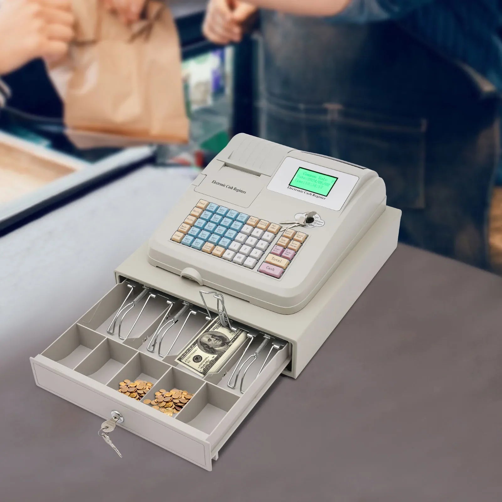 48-Keys Electronic Cash Register with Drawer Box Intelligent Cash Register Computer Digital LED Display POS Cashier - TrendForce25