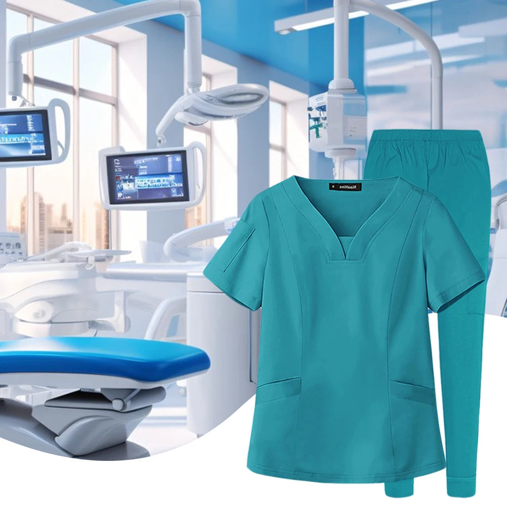Unisex Medical Nurse Beauty Salon Workwear V-Neck Doctor Nurse Scrubs Set Hospital Surgical Work Clothes for Women Men