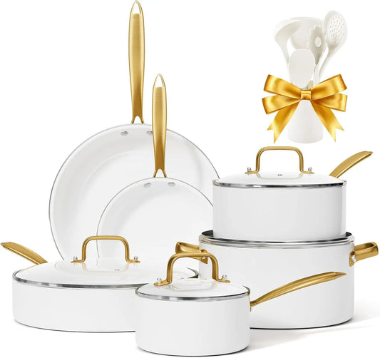 Pots and Pans Set Non Stick - Ceramic Cookware Set with Cooking Utensils Set, Non Toxic Kitchen Cookware Sets Dutch-white