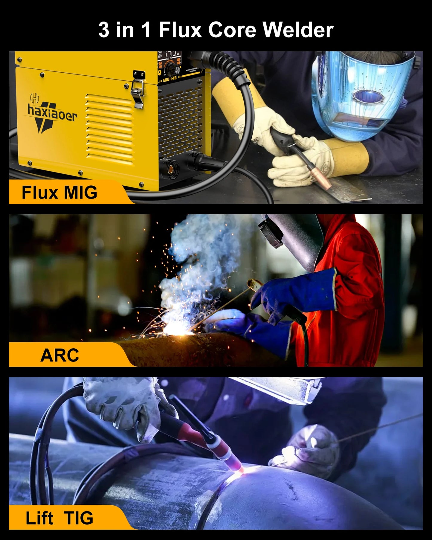 Haxiaoer MIG145 Welding Machine MMA/GASLESS MIG/LIFT TIG 120A Welder Flux Core Welder for Carbon Steel Stainless Steel - TrendForce25