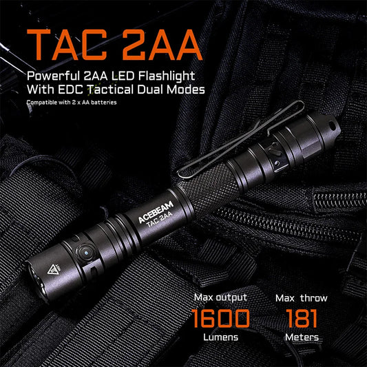 ACEBEAM TAC 2AA LED flashlight 1600 lumen 181 meters portable EDC flashlight USB-C rechargeable battery double buttons torch