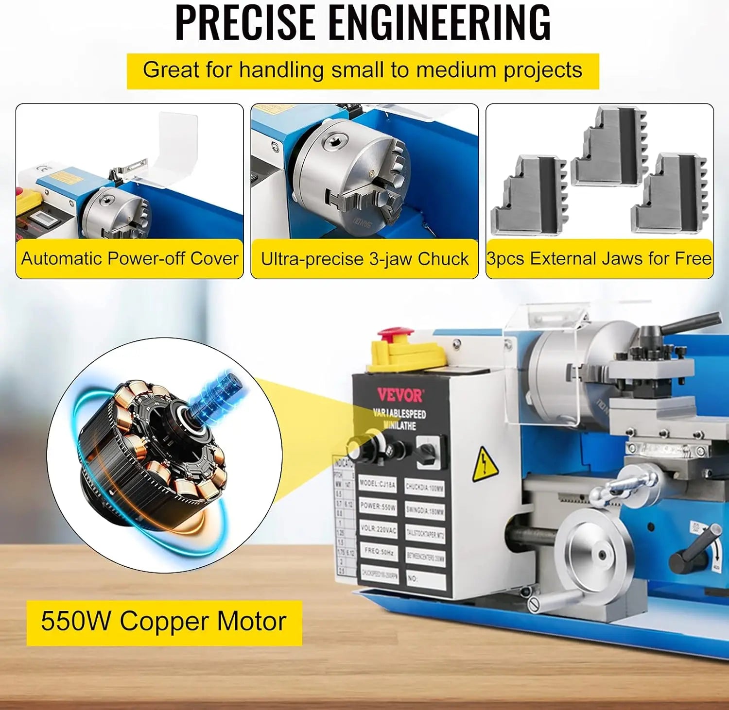 Mini Metal Lathe, 7"x14" Benchtop Metal Lathe, 550W Variable Speed 2250RPM Metal Lathe, with 3-Jaw Chuck CNC Mini Lathe Machine - TrendForce25