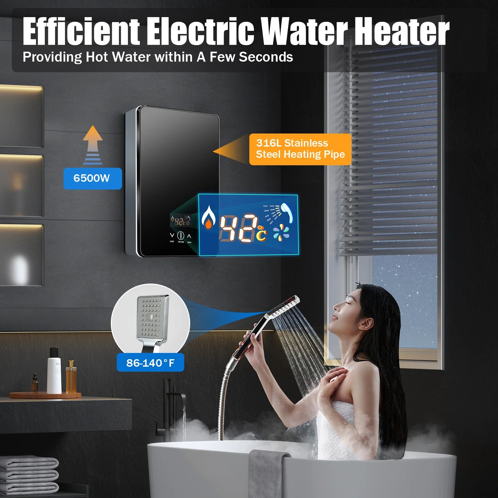6500W Electric Water Heater Fast Heating 86-131℉ Thermostat Function Shower Kitchen Instant Heating Water Heater High Safety - TrendForce25